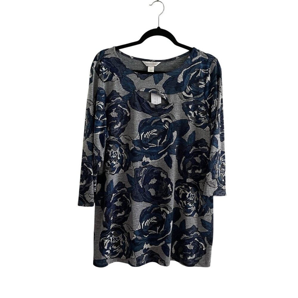 Christopher & Banks Women XL Blue/Gray/White Keyhole Cutout 3/4 Sleeve Top NWT